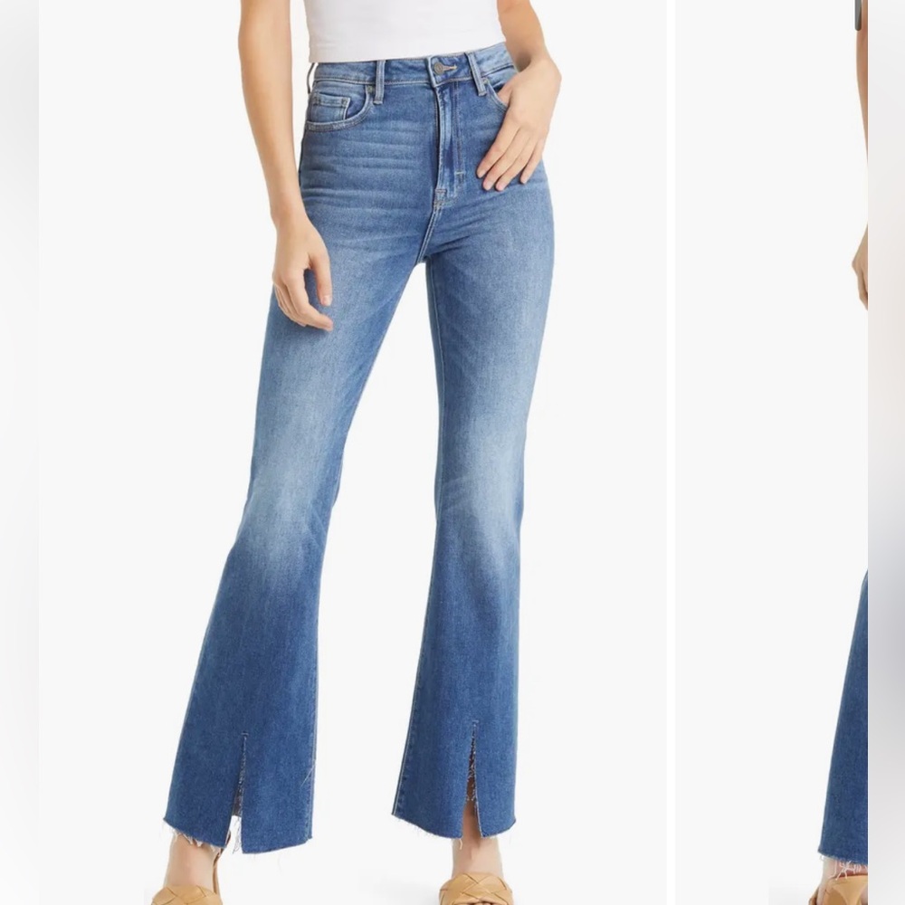 High-Rise Blue Flare Jeans with Front Slit